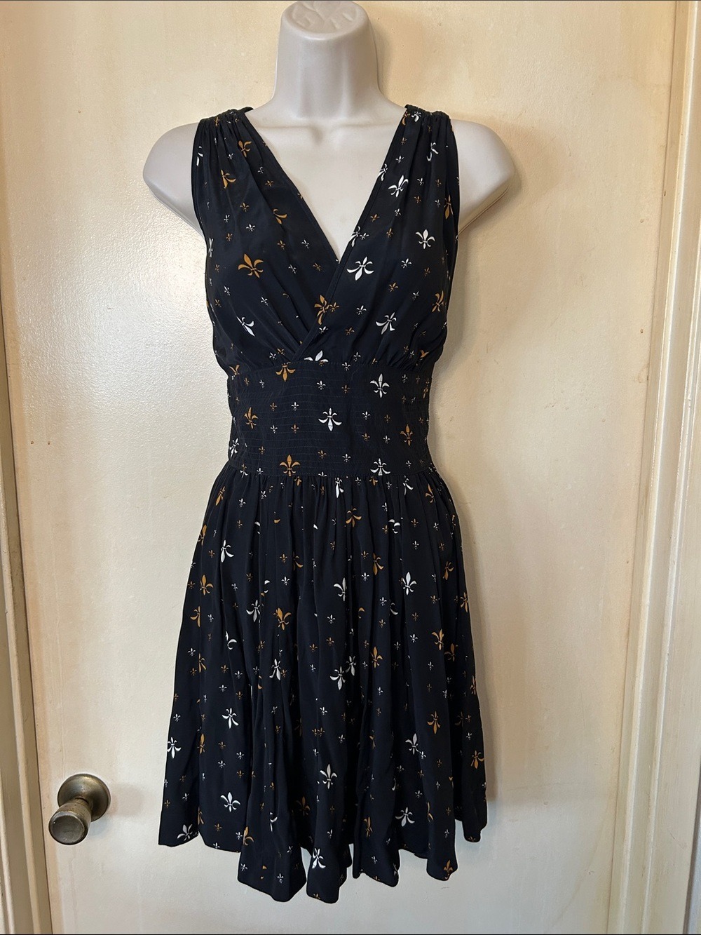 Trashy Diva Black Midi Dress with White and Gold Fleur-de-Lis Print